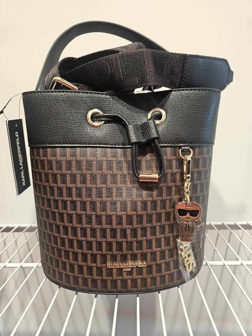 Karl Lagerfeld Brown Monogram Bucket Bag with Black Trim